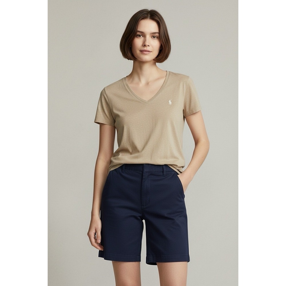 Polo Ralph Lauren V Neck T-Shirt Women's XL Beige Cotton Pony Logo Preppy